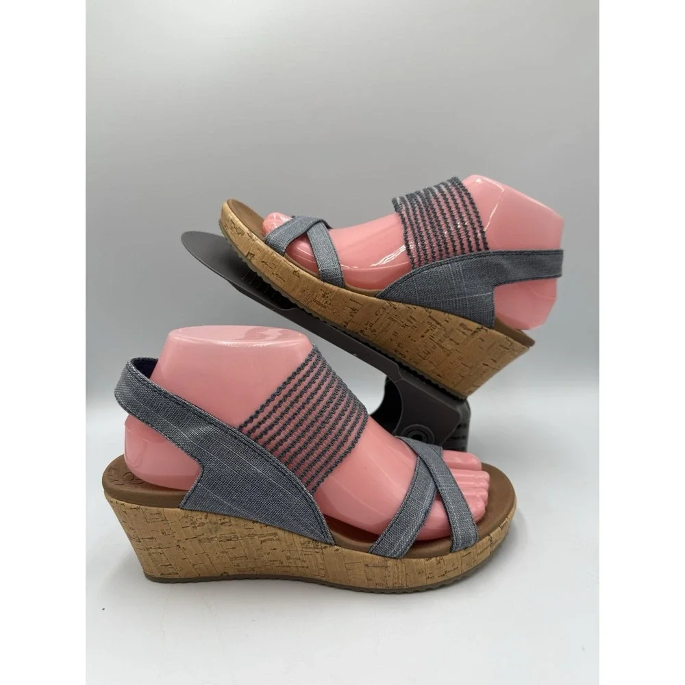 Skechers Luxe Foam Beverlee Blue Shimmer‎ Strappy Open Toe Cork Wedges Sz 7.5